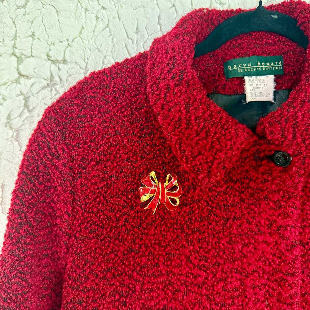 Vintage 1990s Red Bouclé Coat Womens Size 16 Hervé Bernard Long Textured Winter